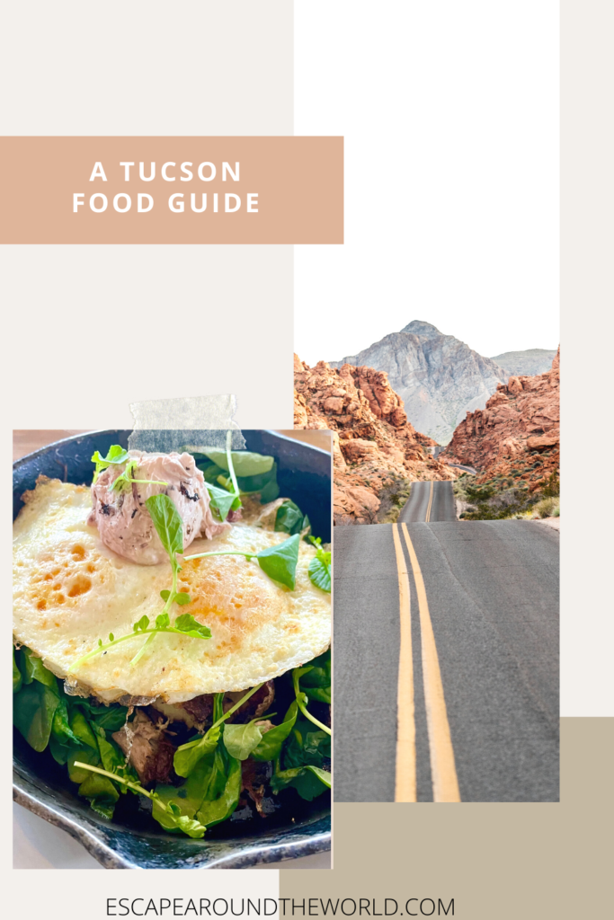 Tucson food pin for Pinterest with desert landscape and cast iron duck confit.