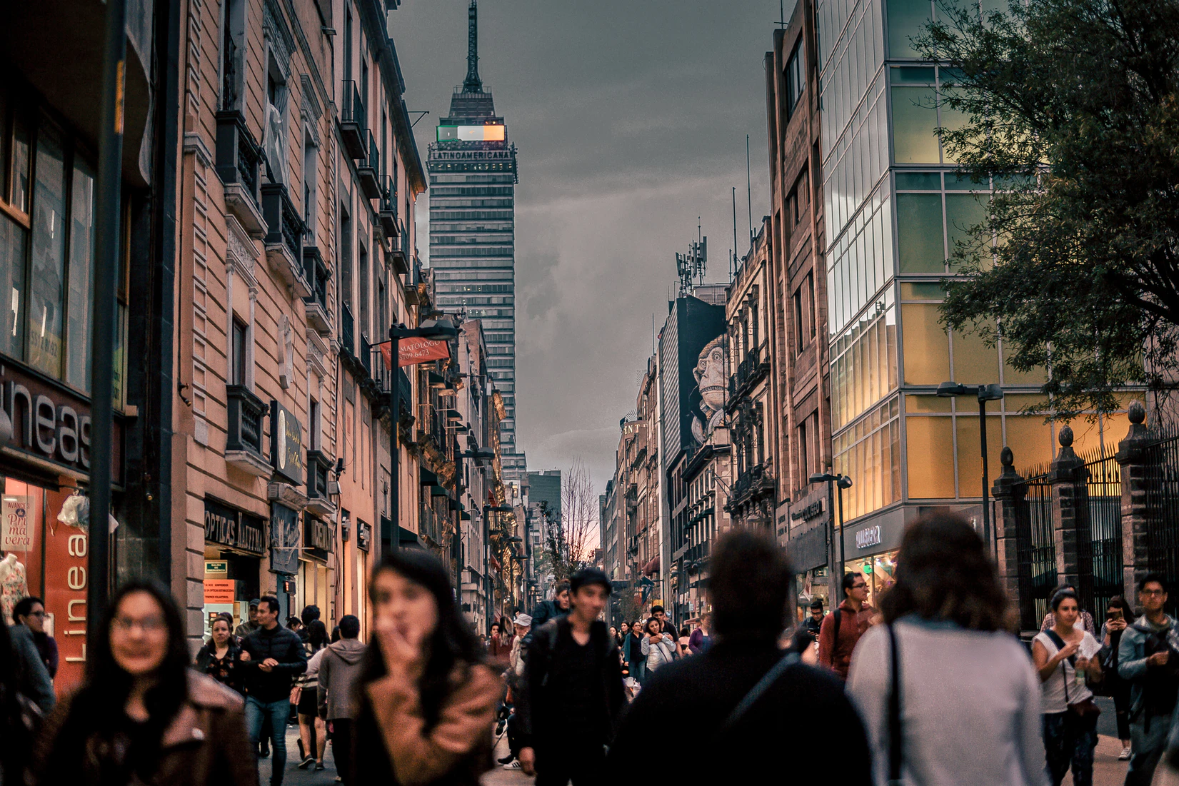 Crowded streets of Mexico City, Mexico with grey skies